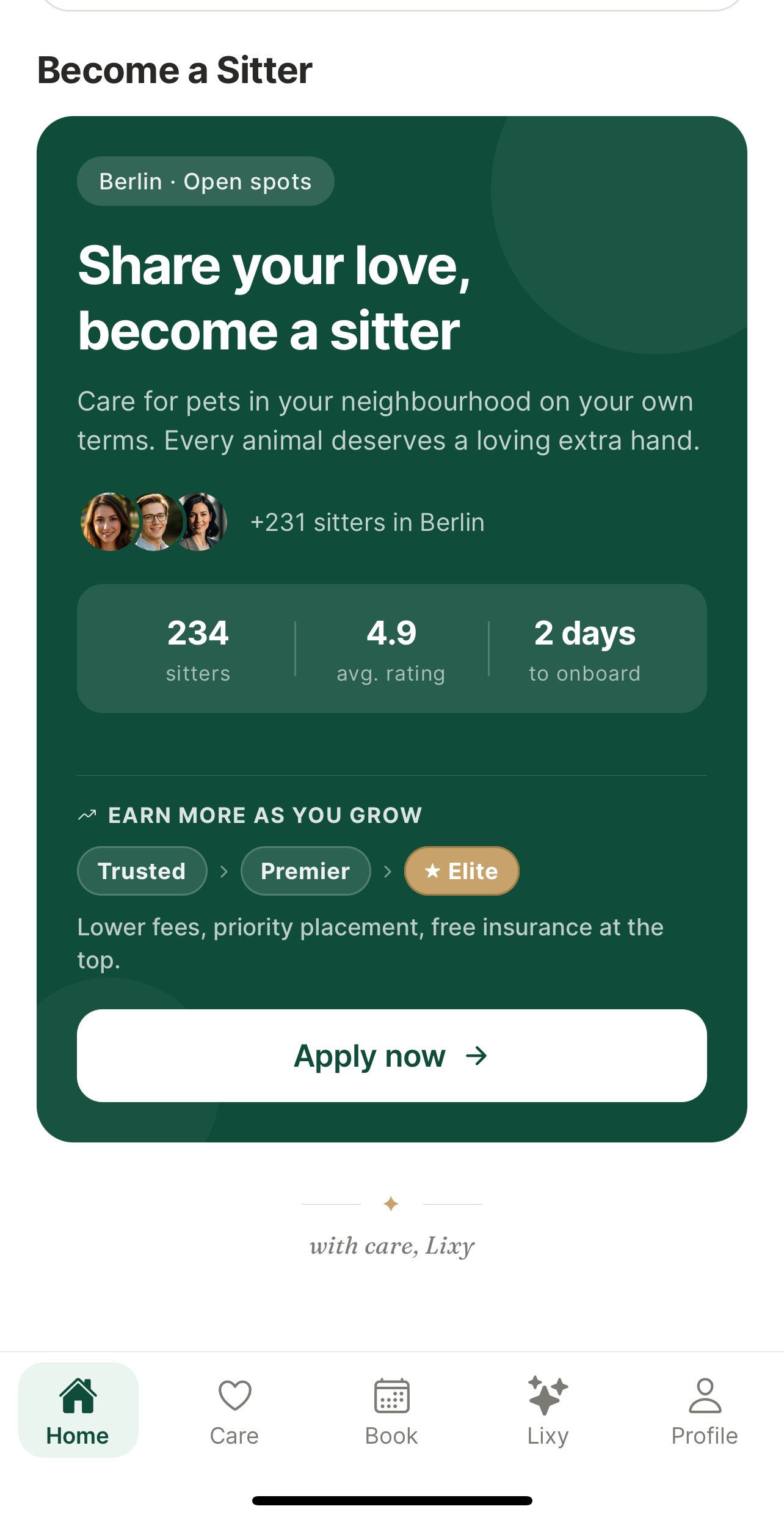 GetPupic Become a Sitter screen — Berlin sitter community with tier ladder