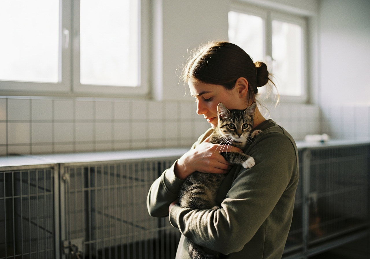 A Berlin shelter volunteer gently cradling a rescued tabby cat