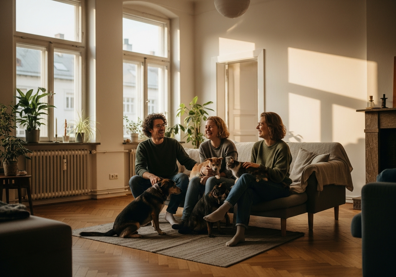 Friends laughing together with their dogs and cat in a bright Berlin living room