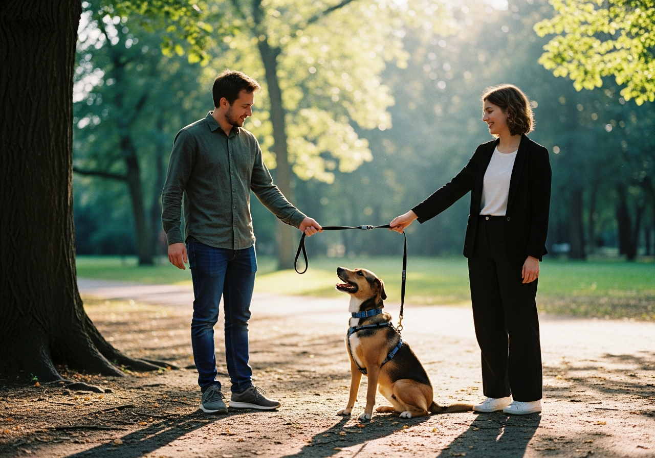 Two pet parents handing over a leash with a happy dog in a leafy Berlin park