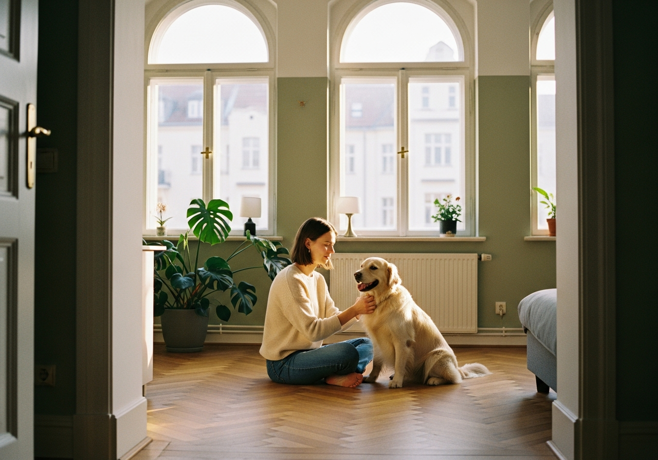 A pet parent enjoying a calm morning with her golden retriever in a sunny Berlin apartment