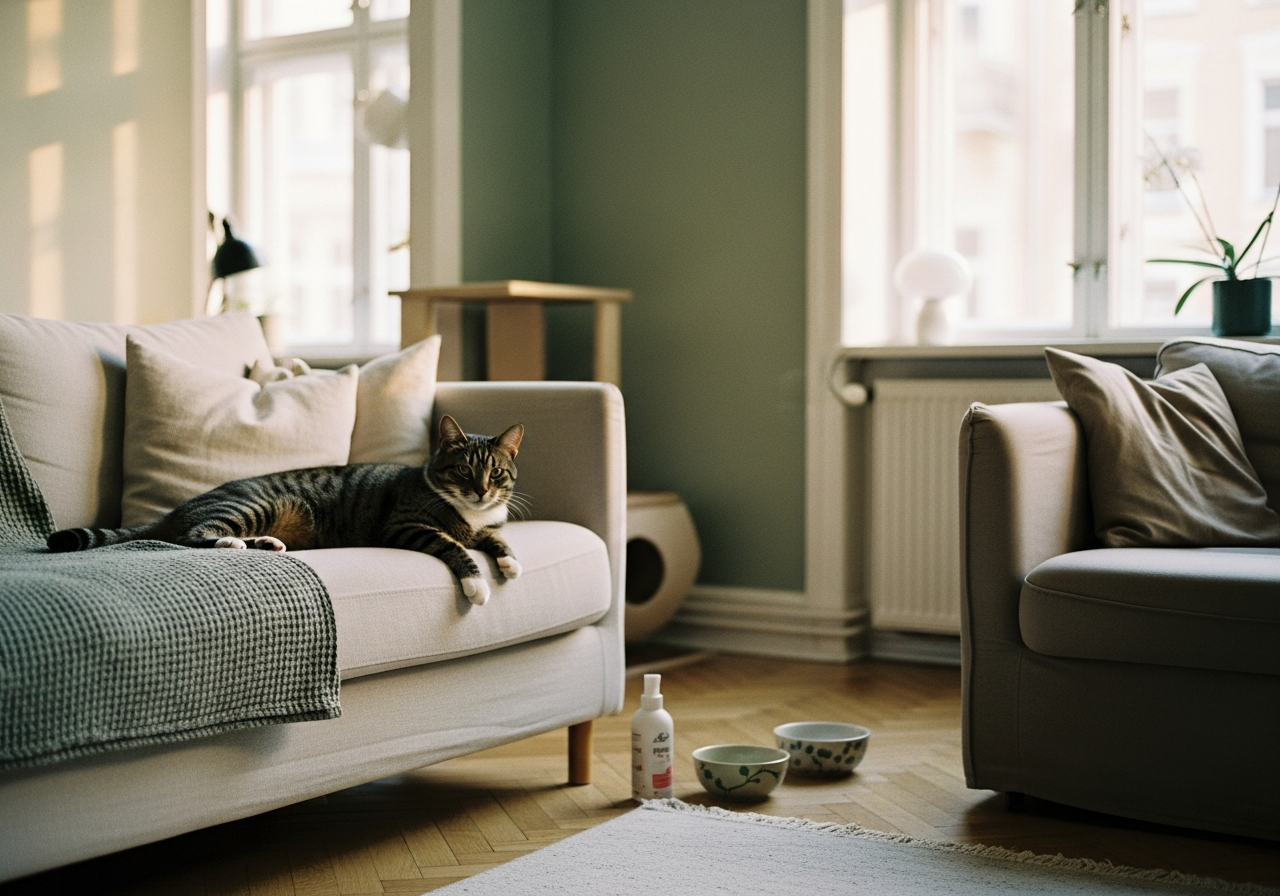 A content tabby cat resting on a linen sofa in a cozy Berlin living room