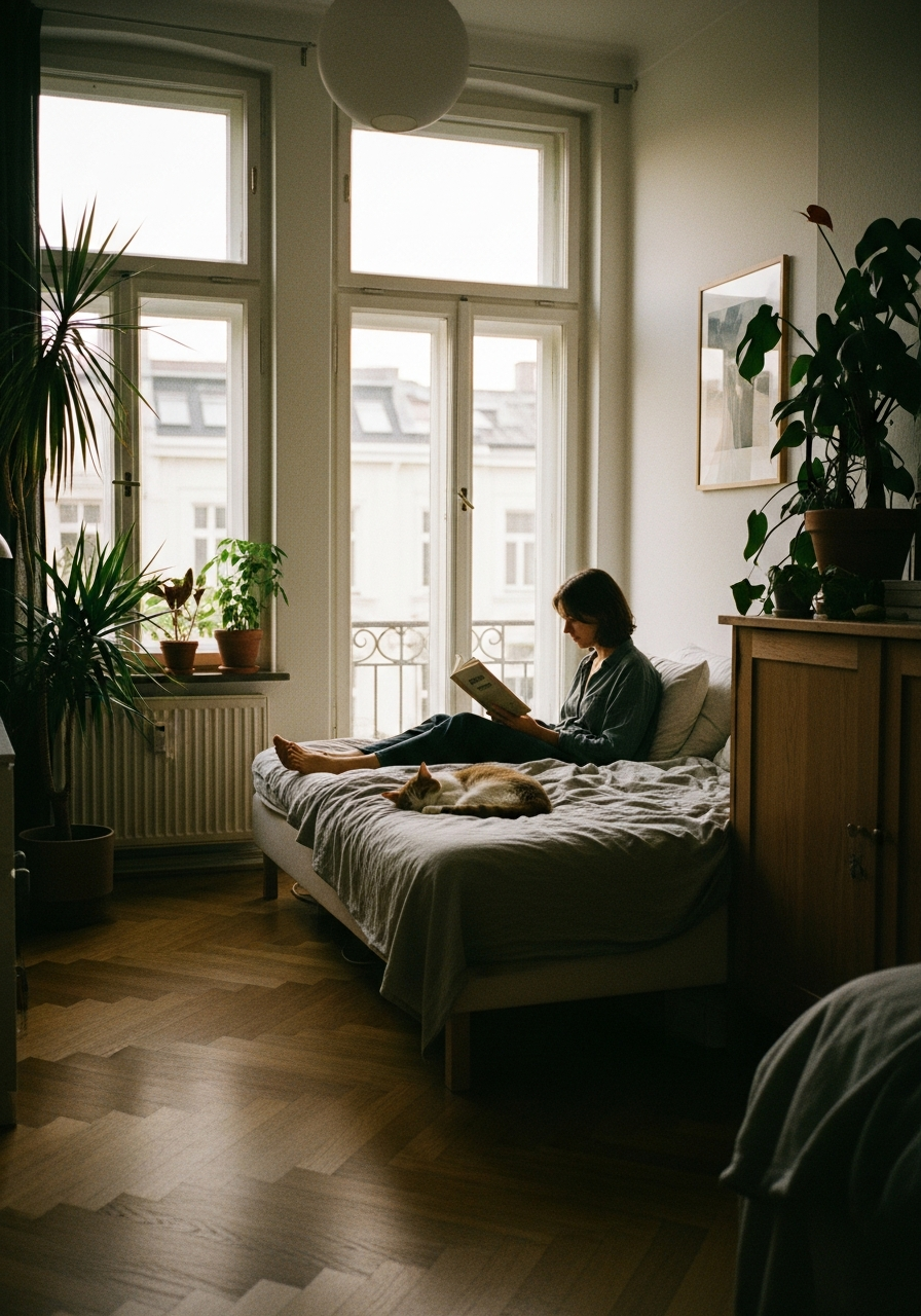 A person reading in bed with a cat curled up beside them