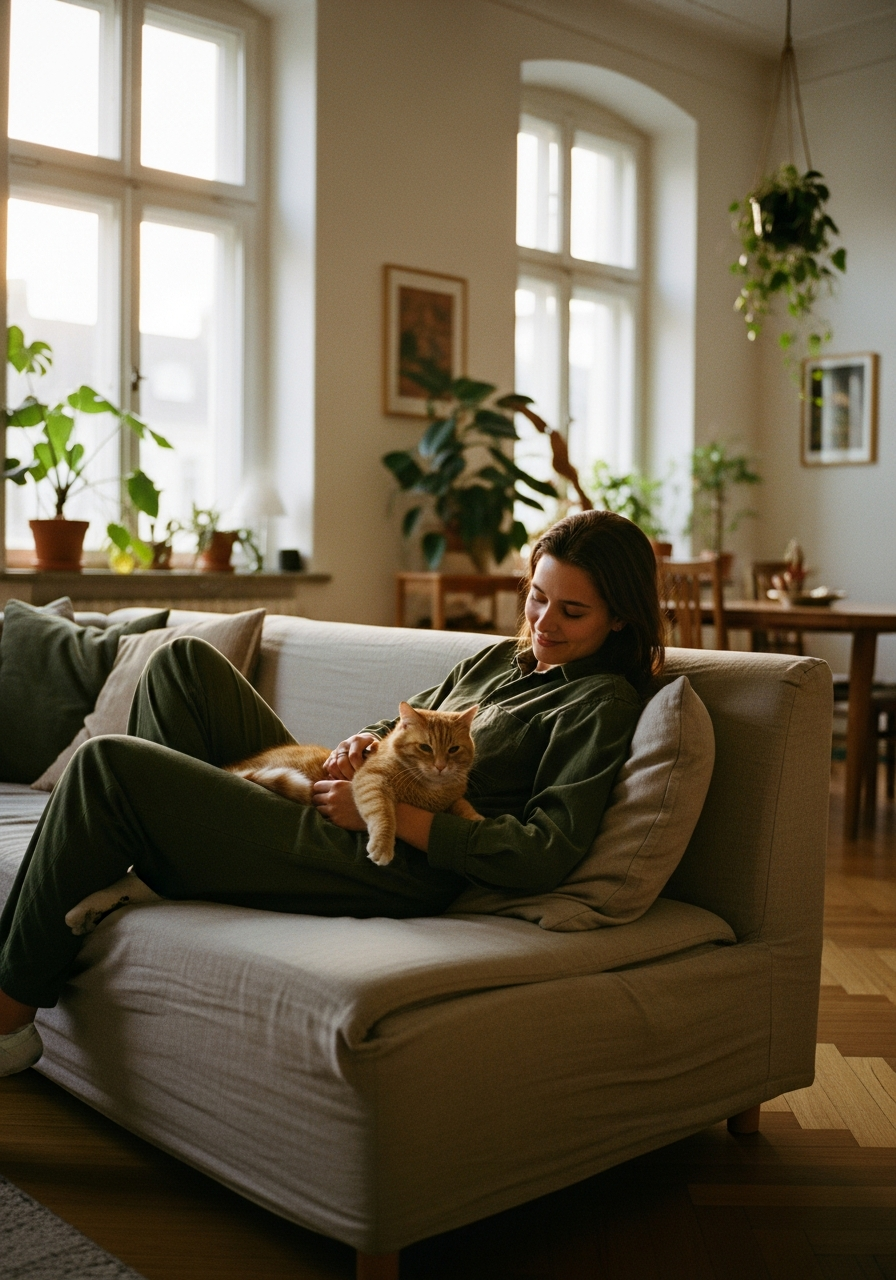 A woman relaxing on a sofa cuddling her orange tabby cat in a sunlit Berlin apartment