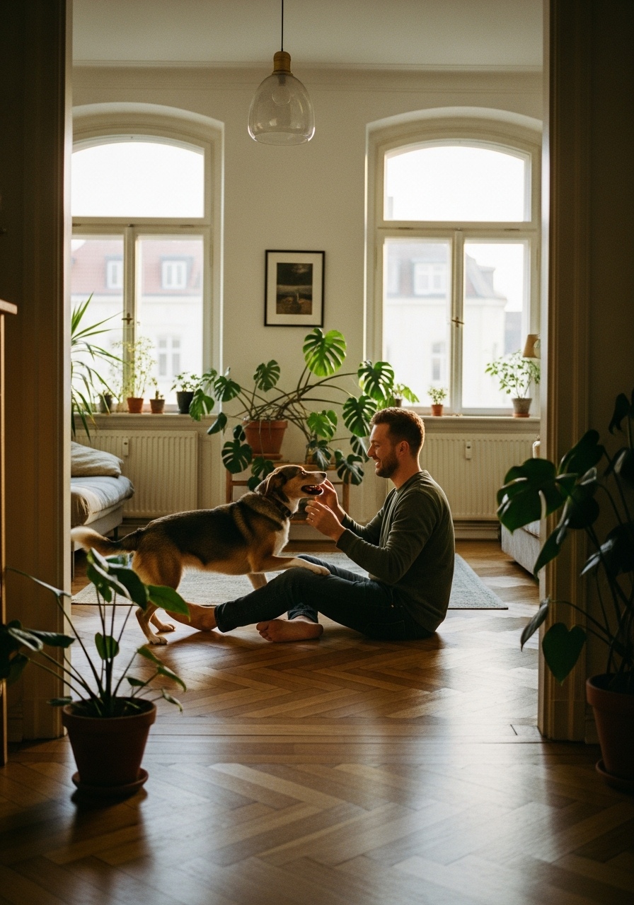 A man playing on the floor with his happy dog