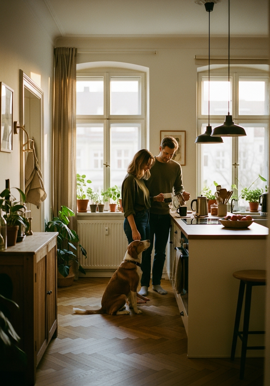 A couple making morning coffee with their dog at their feet
