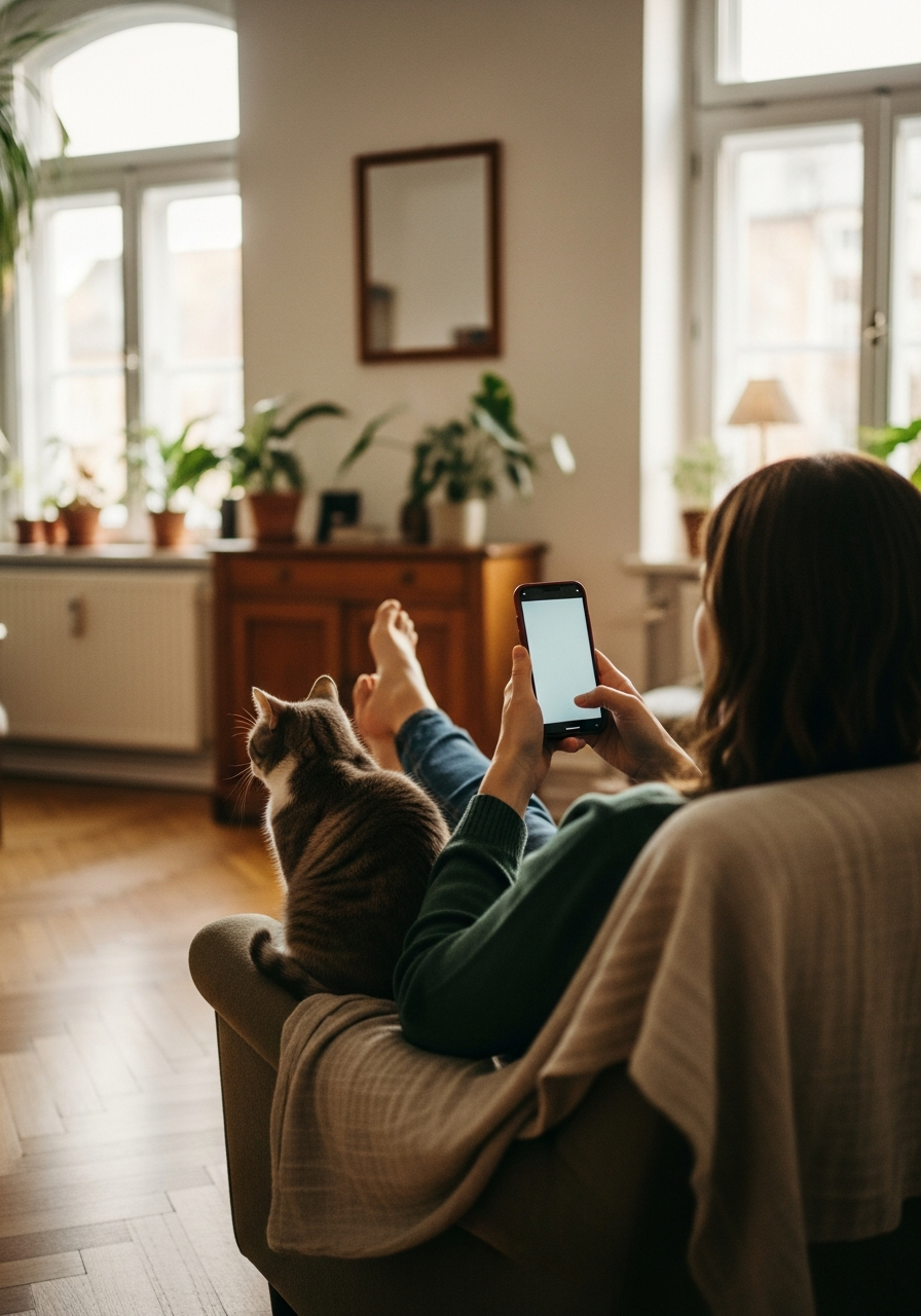 A woman glancing at her phone while her cat sits beside her